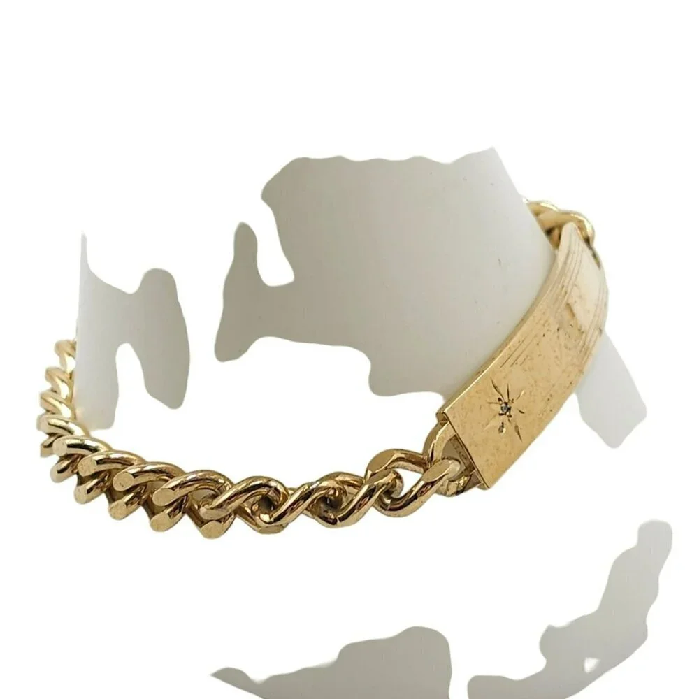 Speidel Diamond Engraved TOM Bar Chain Bangle Bracelet Gold Tone Vintage